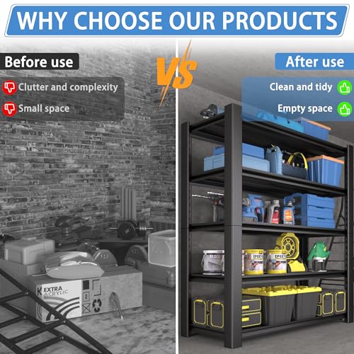 5-Tier Heavy Duty Metal Storage Shelving, 3000 LBS Capacity, 76" H x 60" W x 24" D, Adjustable Steel Shelves T527