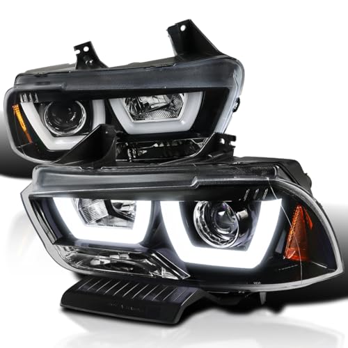 Chrome LED Dual Halo Projector Headlights for 2011-2014 Dodge Charger, Left + Right Pair Headlamps Assembly I520865