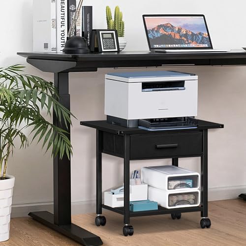 Black 2-Tier Rolling Printer Stand with Drawer F899