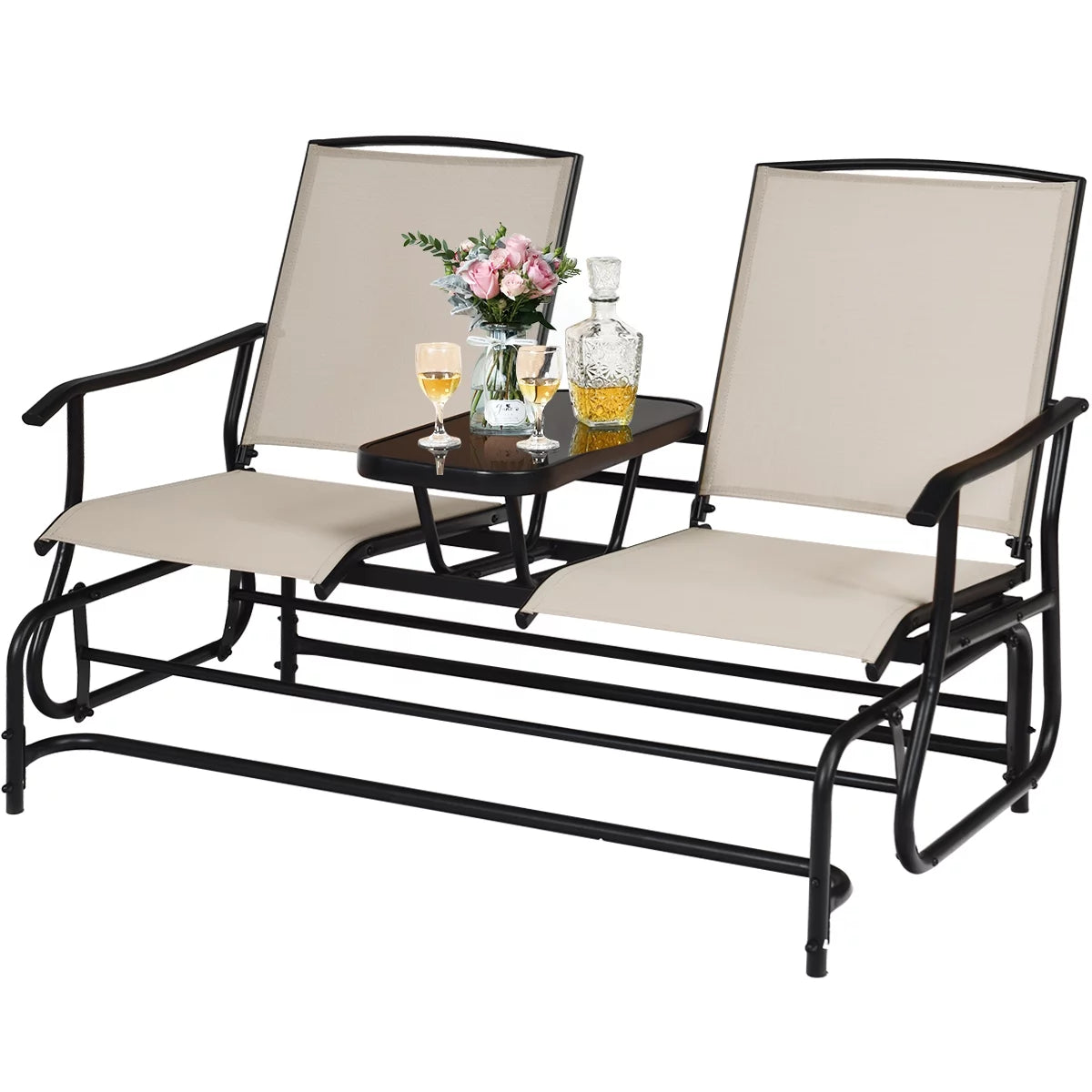 2 Person Steel Frame Patio Glider Loveseat with Center Table J7747
