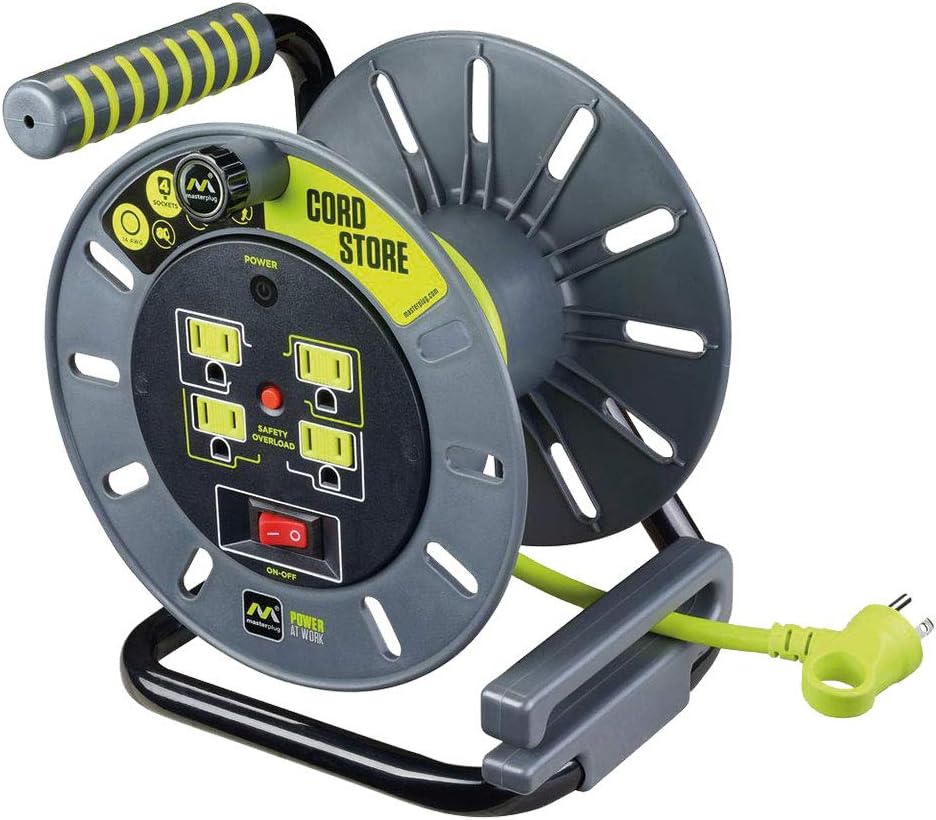 Heavy Duty Metal Cord Reel with 4 Outlets and 12 Gauge Cord (100ft) T534