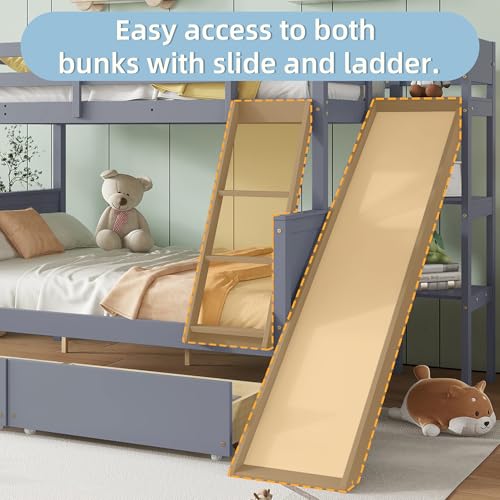 Twin Over Full Wood Bunk Bed with Slide and Storage Drawers G6942