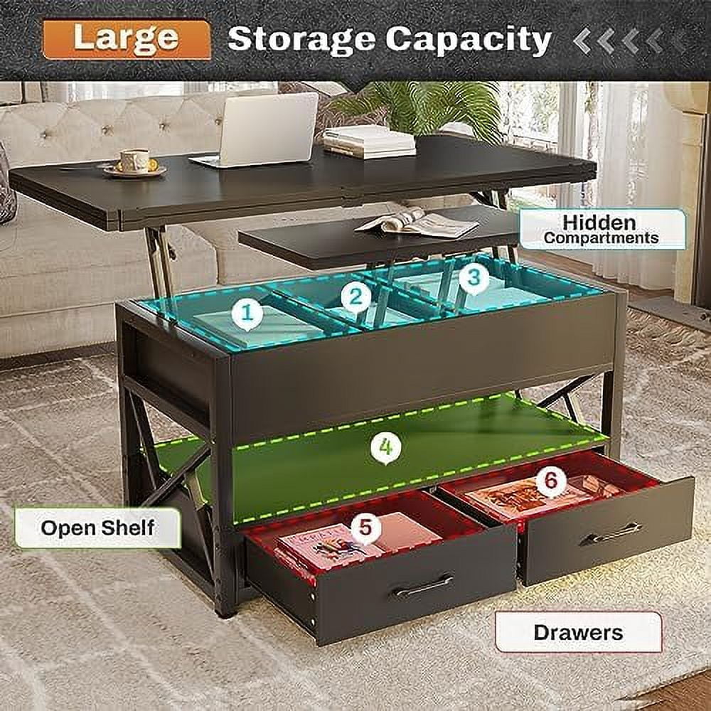 40" Lift Top Coffee Table with 2 Drawers & LED Light E1648