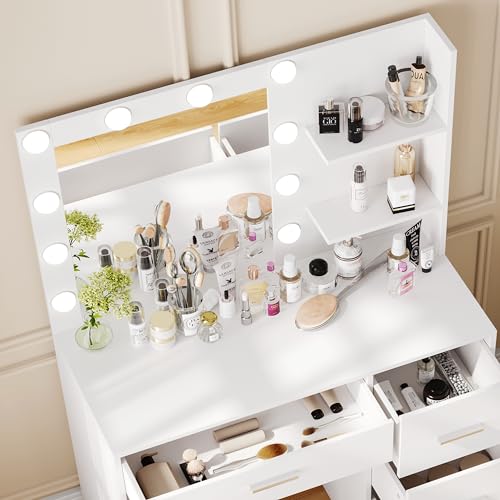 White Makeup Vanity Table with Lighted Mirror and 4 Drawers U7374