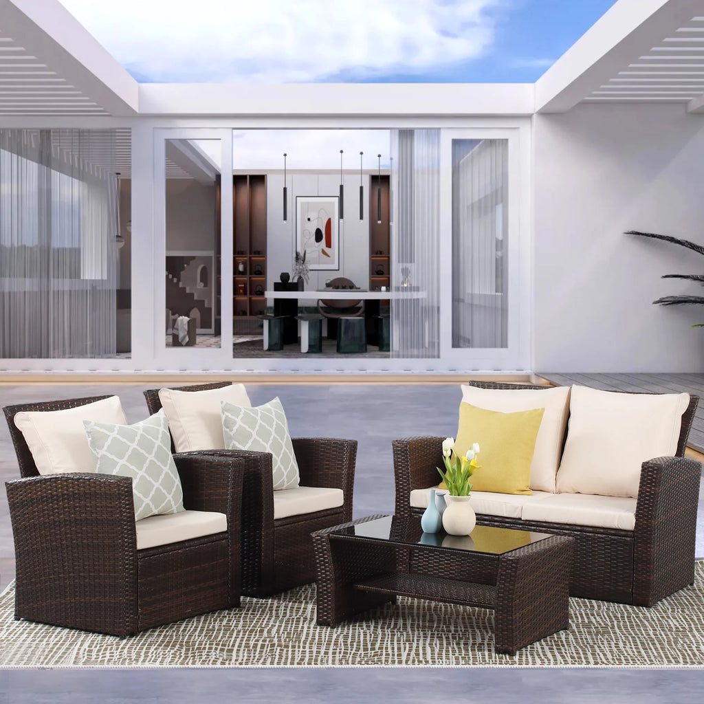 4 Pcs Brown Wicker Rattan Patio Furniture Set with Coffee Table P913