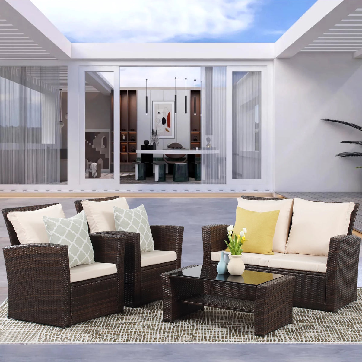 4 Pcs Brown Wicker Rattan Patio Furniture Set with Coffee Table P913