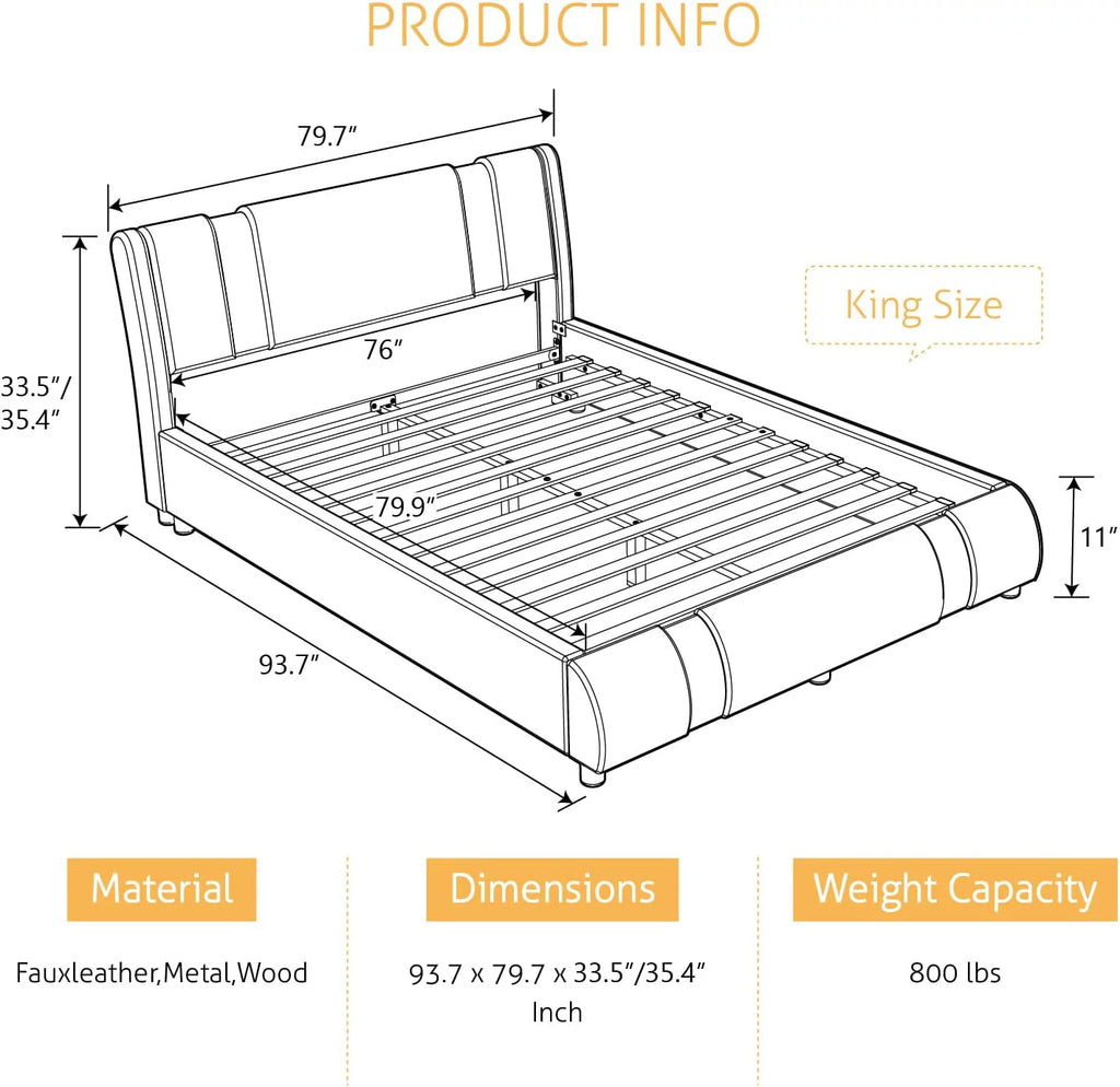 King Size Upholstered Platform Bed Frame with Adjustable Headboard and Wooden Slats Z212