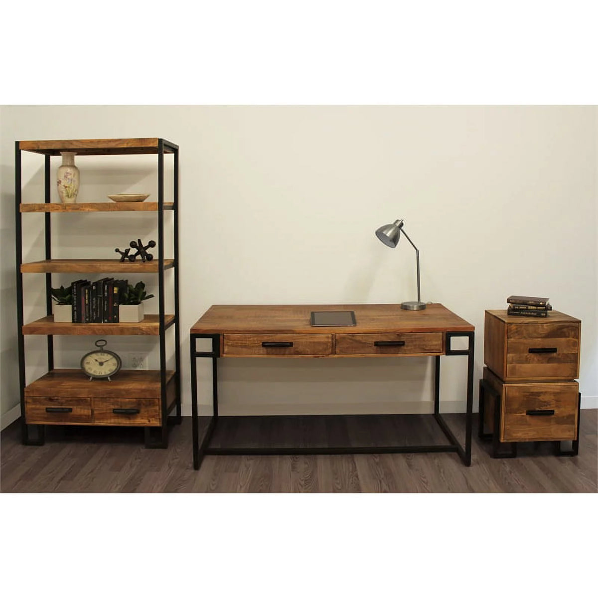 Brown 2-Drawer Solid Wood Writing Desk with Iron Legs Q452884