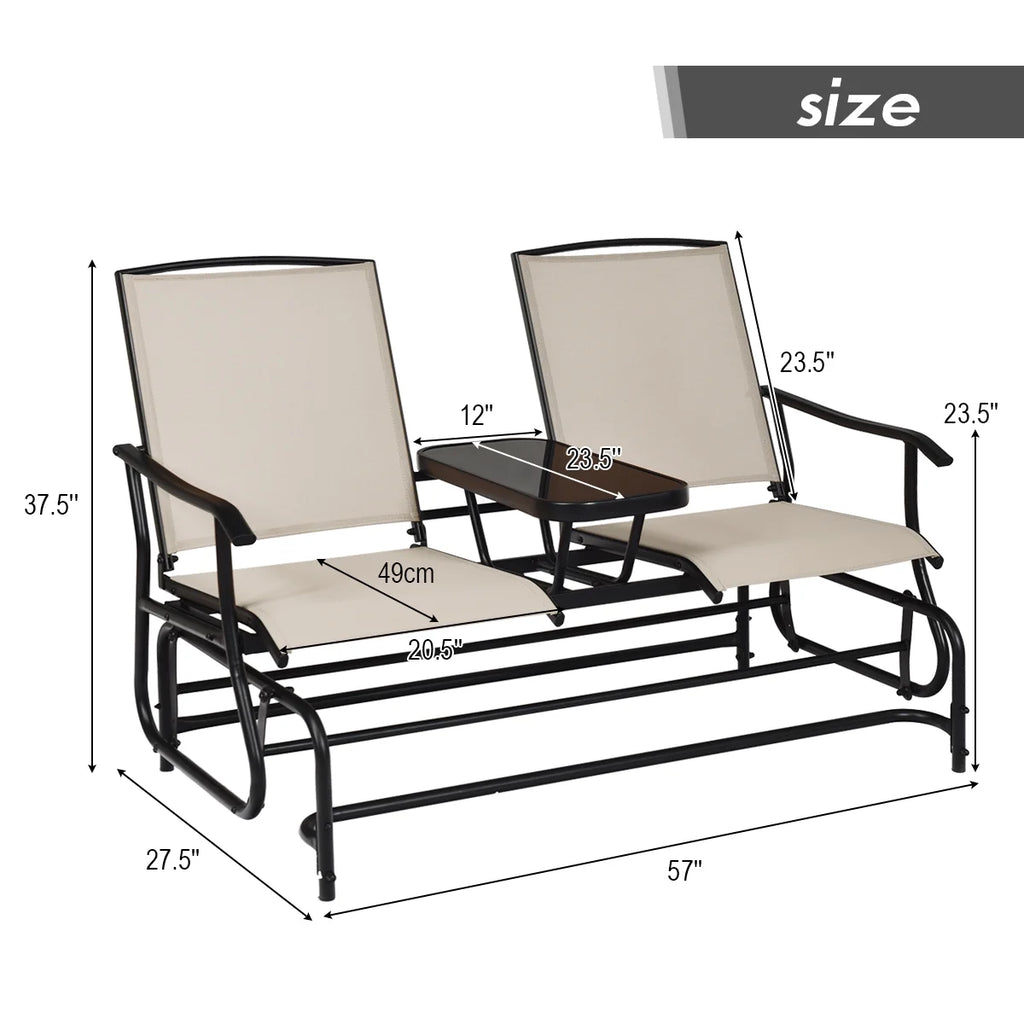2 Person Steel Frame Patio Glider Loveseat with Center Table J7747