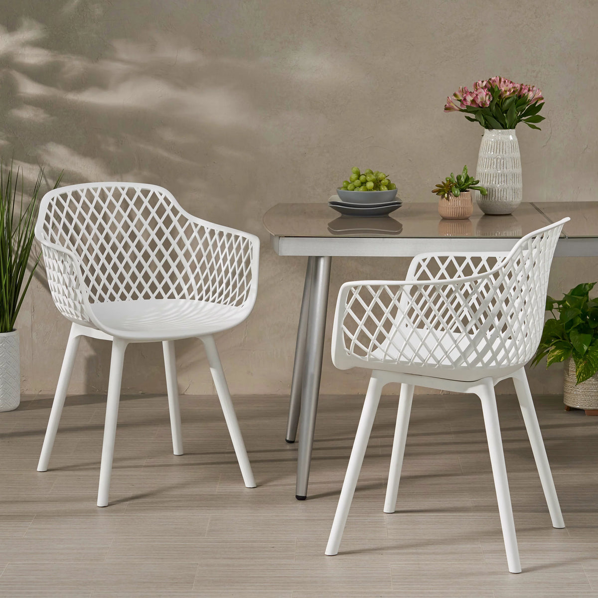 White Plastic Patio Dining Arm Chair Set of 2 F264431