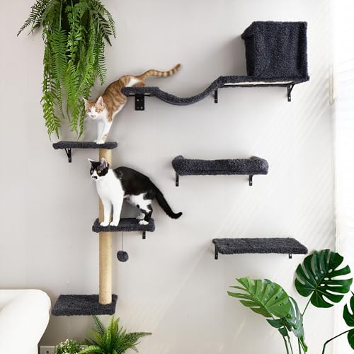4 in 1 Wooden Cat Wall Shelves with Scratching Post H486372