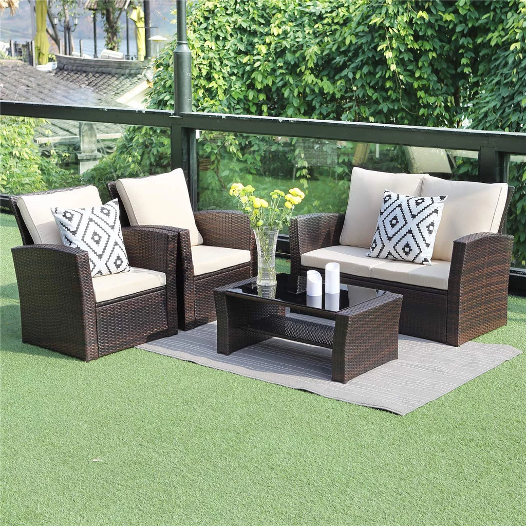 4 Pcs Brown Wicker Rattan Patio Furniture Set with Coffee Table P913