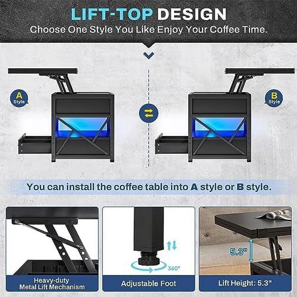 40" Lift Top Coffee Table with 2 Drawers & LED Light E1648