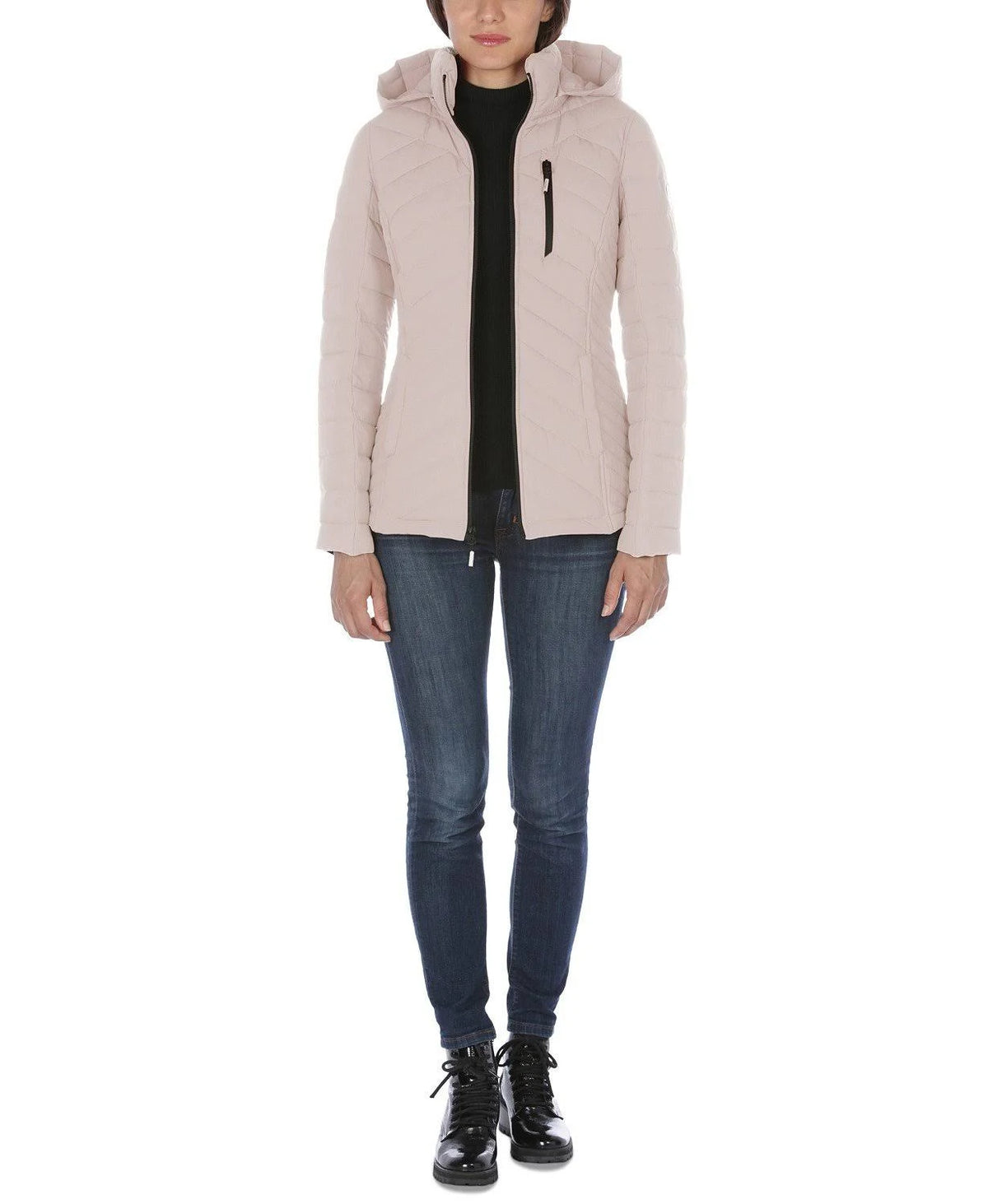 Rose Smoke Pink Hooded Polyester Puffer Coat E709418