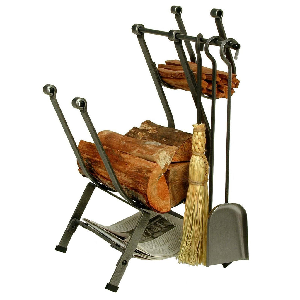 Hammered Steel Log Rack with Fireplace Tools M654