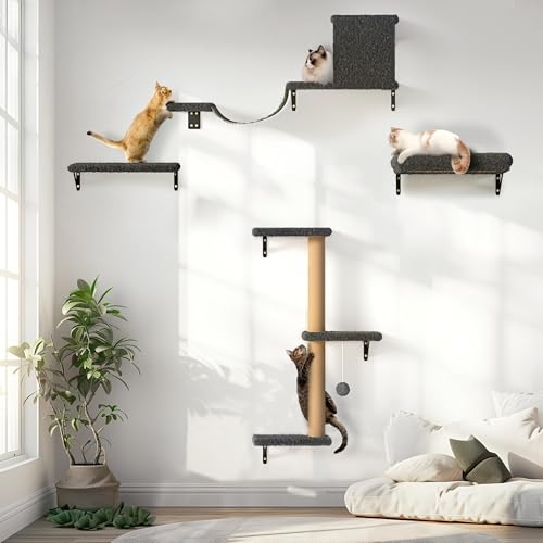 4 in 1 Wooden Cat Wall Shelves with Scratching Post H486372