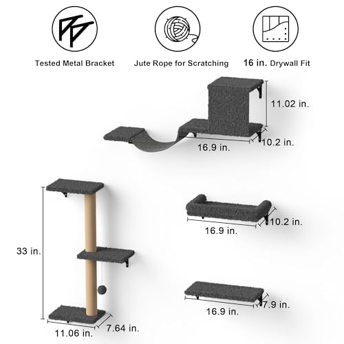 4 in 1 Wooden Cat Wall Shelves with Scratching Post H486372