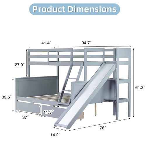 Twin Over Full Wood Bunk Bed with Slide and Storage Drawers G6942