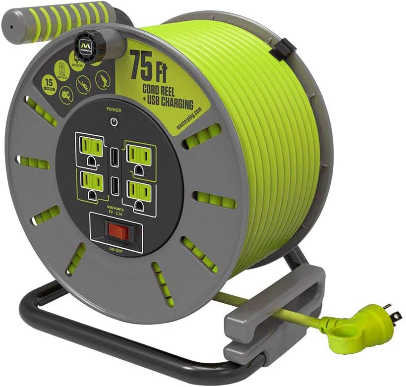 Heavy Duty Metal Cord Reel with 4 Outlets and 12 Gauge Cord (100ft) T534