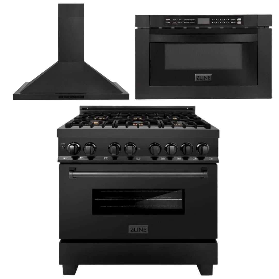 36 in. Black Stainless Steel Dual Fuel Range, Range Hood and Microwave Drawer L380